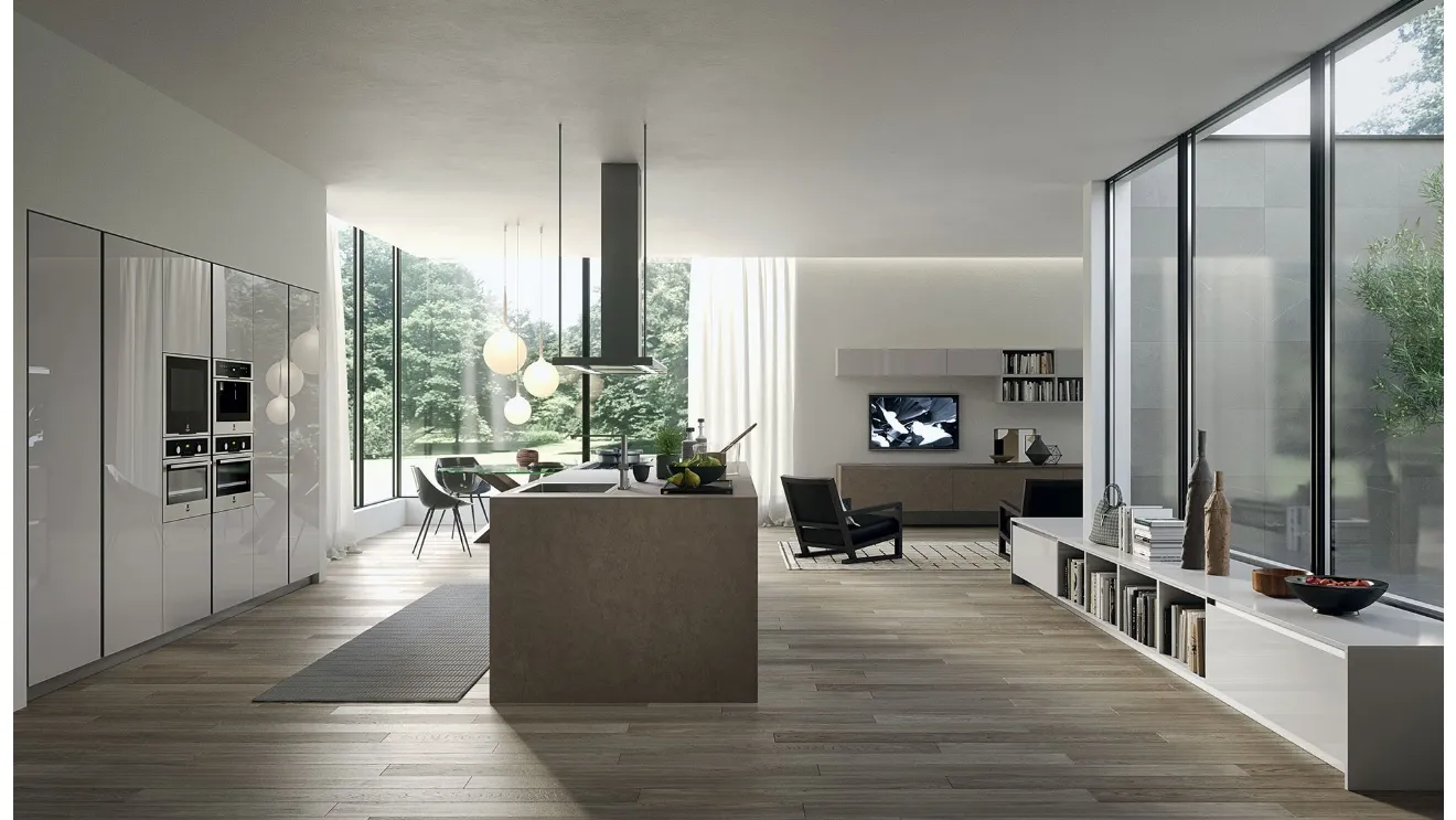 Cucina Moderna con isola MyGlass 04 in vetro lucido e gres di Gicinque