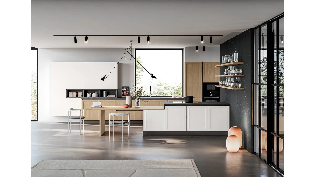 Cucina Moderna con penisola Prime 01 in laminato Rovere e PET Bianco di Gicinque