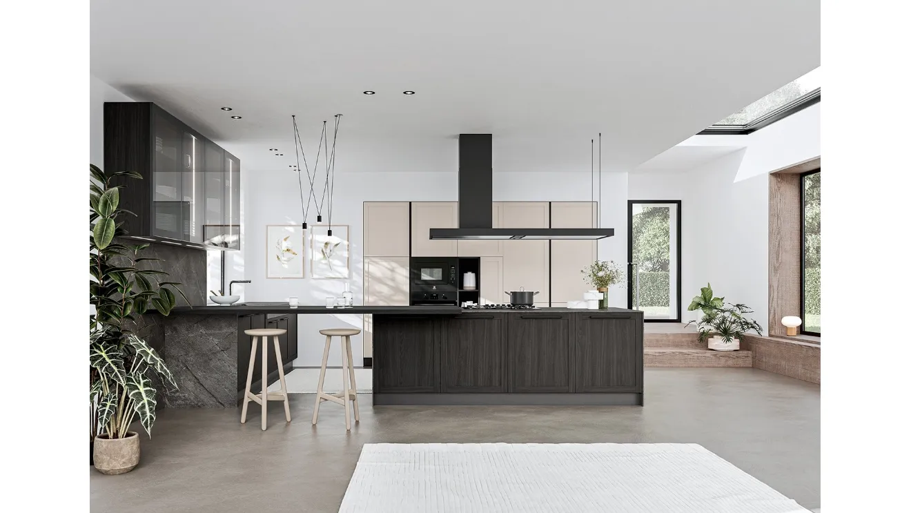 Cucina Moderna con penisola Prime 02 in laminato Rovere fumo e PET Sahara di Gicinque