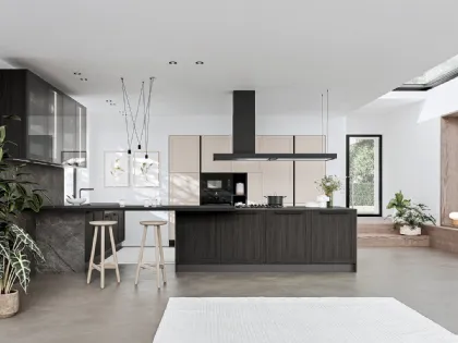 Cucina Moderna con penisola Prime 02 in laminato Rovere fumo e PET Sahara di Gicinque