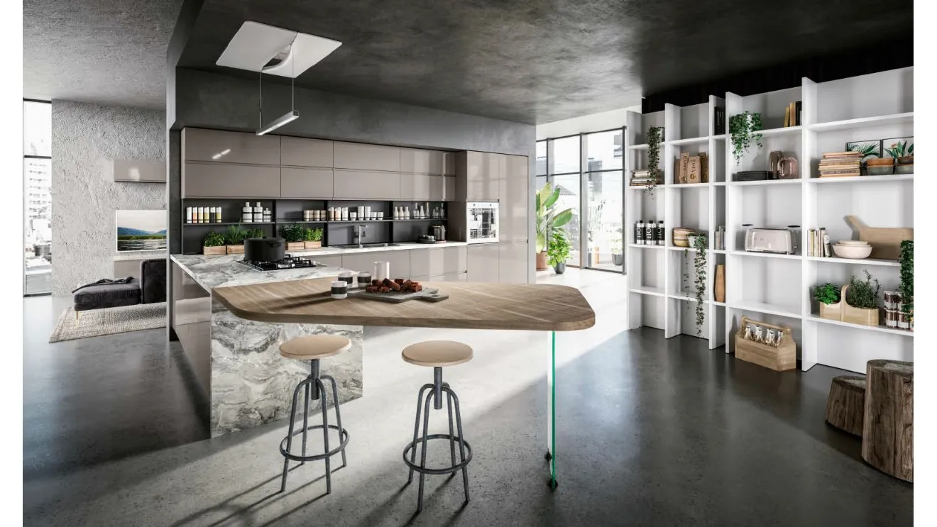 Cucina Moderna in laccato lucido Tortora con top in laminato Palladio e penisola in LPL Rovere Bruges Sibilla 02 di Ciao Cucine