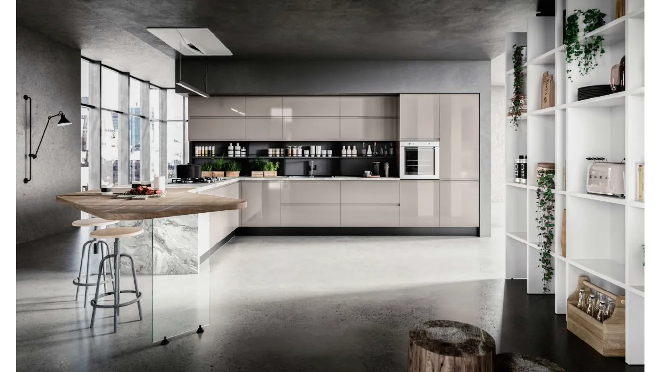 Cucina Moderna in laccato lucido Tortora con top in laminato Palladio e penisola in LPL Rovere Bruges Sibilla 02 di Ciao Cucine