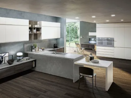 Cucina Moderna angolare Sibilla 03 in Frassino Moka Decapé, Zaha Stone e Pet laccato opaco di Ciao Cucine