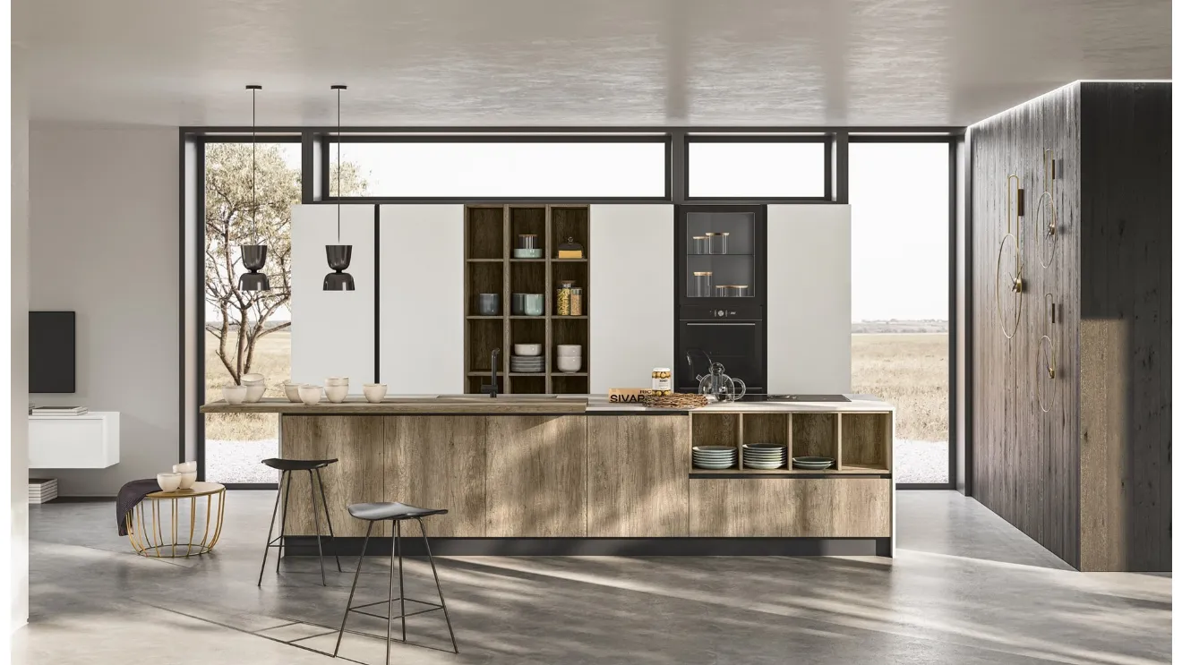 Cucina in laccato bianco e laminato legno con isola Smart 03 di Gicinque