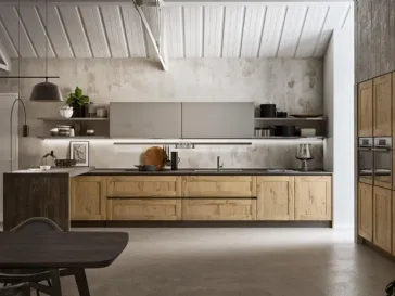 Cucina in legno rovere Alaska con colonne e tavolo a penisola Time 03 di Gicinque