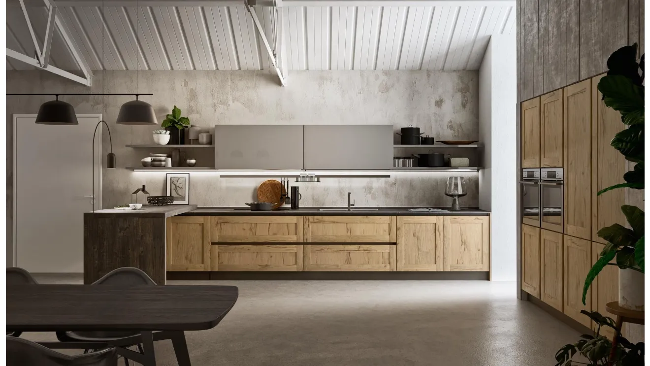 Cucina in legno rovere Alaska con colonne e tavolo a penisola Time 03 di Gicinque